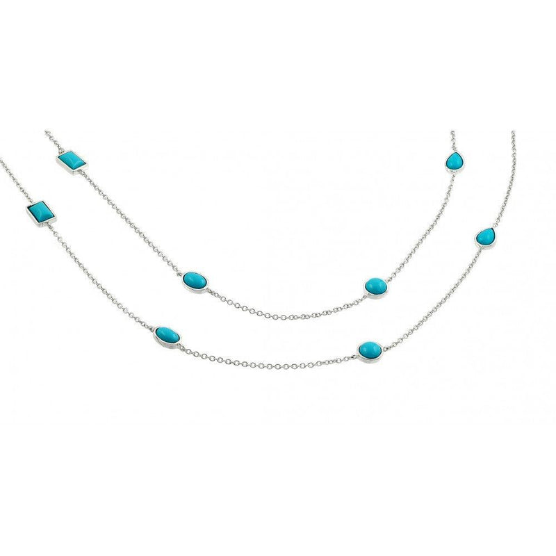 Silver 925 Rhodium Plated 2 Row Strand Turquoise Stone Pendant Necklace - BGP00871 | Silver Palace Inc.