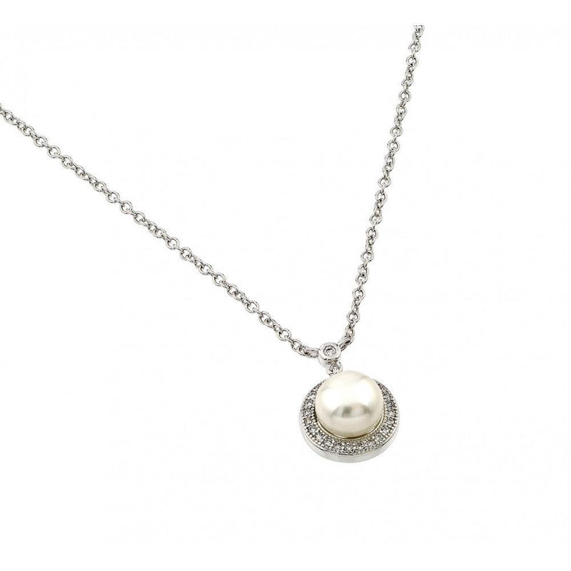 Silver 925 Rhodium Plated Clear CZ Round Circle Fresh Water Pearl Necklace - BGP00879 | Silver Palace Inc.