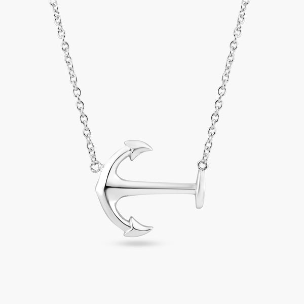 Silver 925 Rhodium Plated Solid Sideways Anchor Pendant Necklace - BGP00880 | Silver Palace Inc.