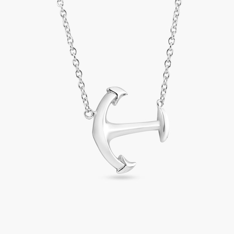 Silver 925 Rhodium Plated Solid Sideways Anchor Pendant Necklace - BGP00880