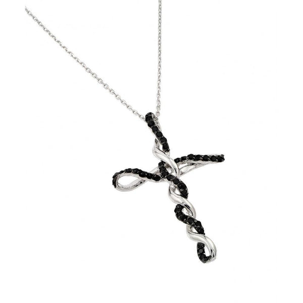 Silver 925 Rhodium Plated Black CZ Twisted Cross Pendant Necklace - BGP00882 | Silver Palace Inc.