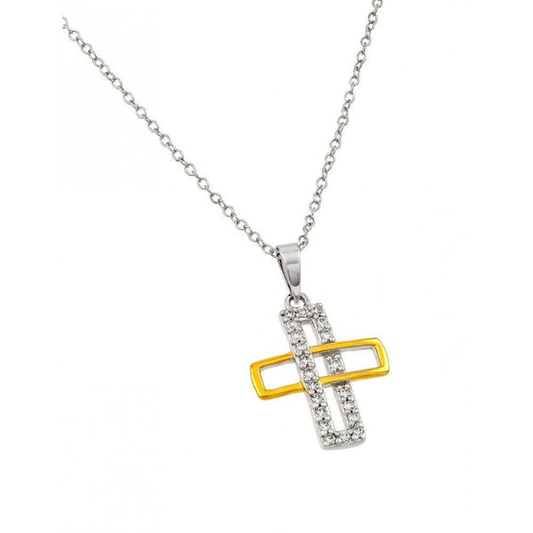 Silver 925 Rhodium and Gold Plated Interlaced Rectangle Cross Pendant Necklace - BGP00884 | Silver Palace Inc.