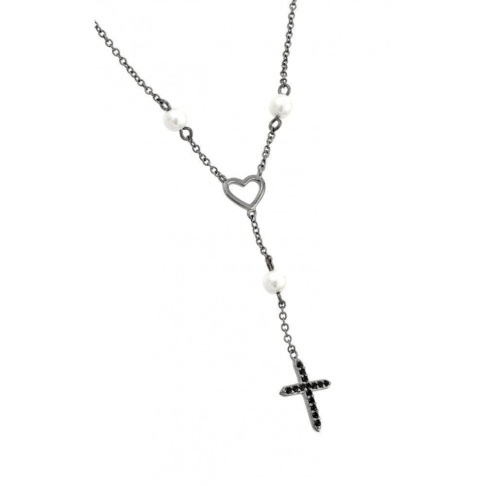 Silver 925 Rhodium Plated Open Heart with Black CZ Stones and Pearls Pendant Necklace - BGP00887 | Silver Palace Inc.