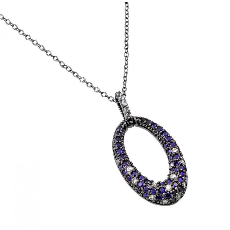 Silver 925 Rhodium Plated Clear and Purple CZ Stone Oval Hoop Pendant Necklace - BGP00889PUR | Silver Palace Inc.