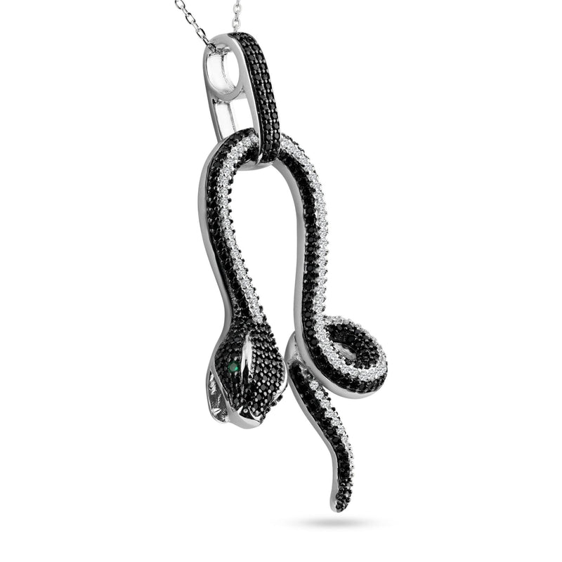 Silver 925 Rhodium Plated Snake Black and Clear CZ Stone Pendant Necklace - BGP00893