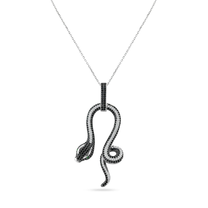 Silver 925 Rhodium Plated Snake Black and Clear CZ Stone Pendant Necklace - BGP00893 | Silver Palace Inc.