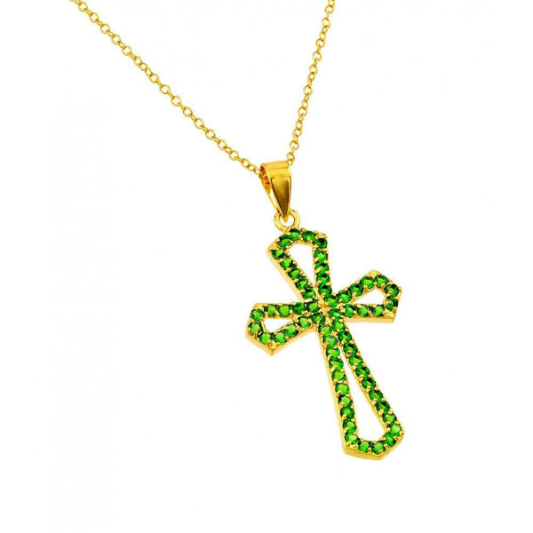 Silver 925 Gold Plated Cross with Green CZ stones Pendant Necklace - BGP00895 | Silver Palace Inc.