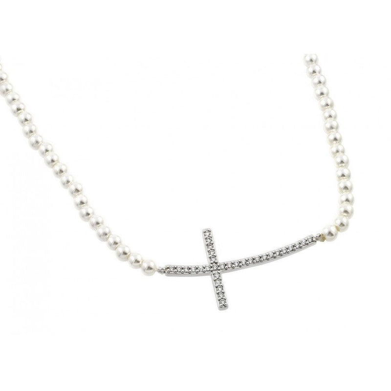 Silver 925 Rhodium Plated CZ Cross Pendant with Synthetic Pearl Chain Necklace - BGP00899WHT | Silver Palace Inc.