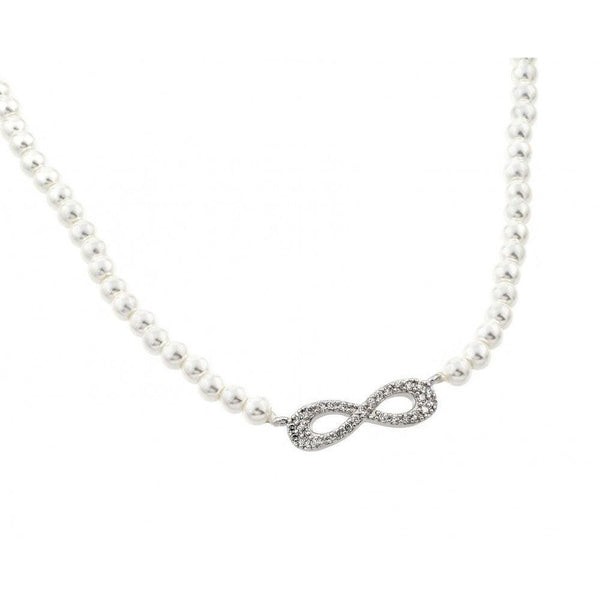 Silver 925 Rhodium Plated Clear CZ Infinity Pendant on Synthetic Pearl Necklace - BGP00903 | Silver Palace Inc.