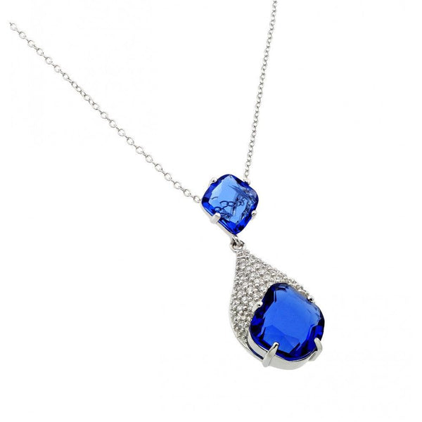 Silver 925 Rhodium Plated Blue and Clear CZ Drop Shape Pendant Necklace - BGP00915 | Silver Palace Inc.