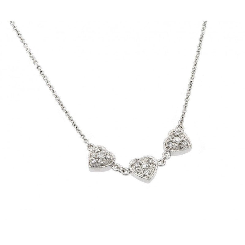 Silver 925 Rhodium Plated Clear CZ 3 Hearts Pendant Necklace - BGP00916CLR | Silver Palace Inc.