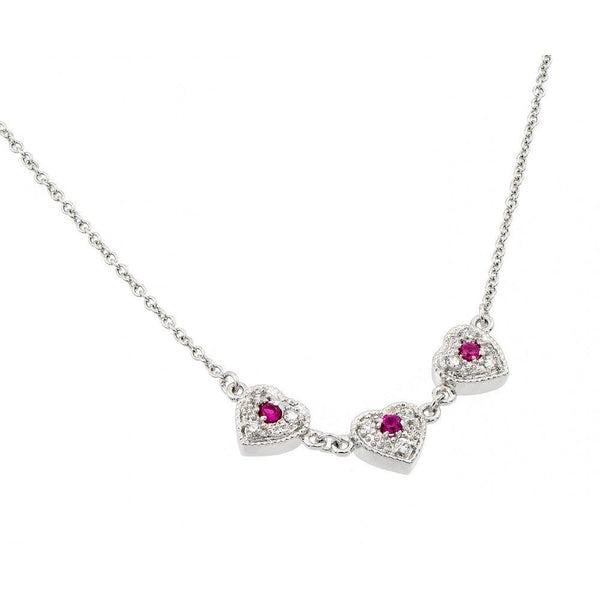 Silver 925 Rhodium Plated Clear CZ 3 Red Hearts Pendant Necklace - BGP00916RED | Silver Palace Inc.