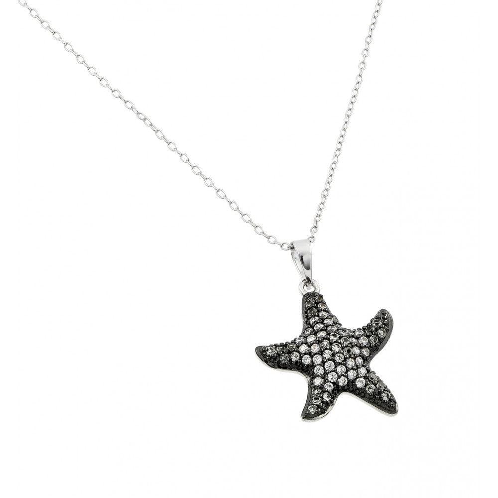 Silver 925 Black Rhodium Plated Clear CZ Star Fish Pendant Necklace - BGP00919 | Silver Palace Inc.