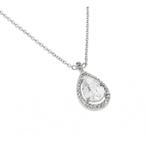 Silver 925 Rhodium Plated Clear CZ Drop Shape Pendant Necklace - BGP00922 | Silver Palace Inc.