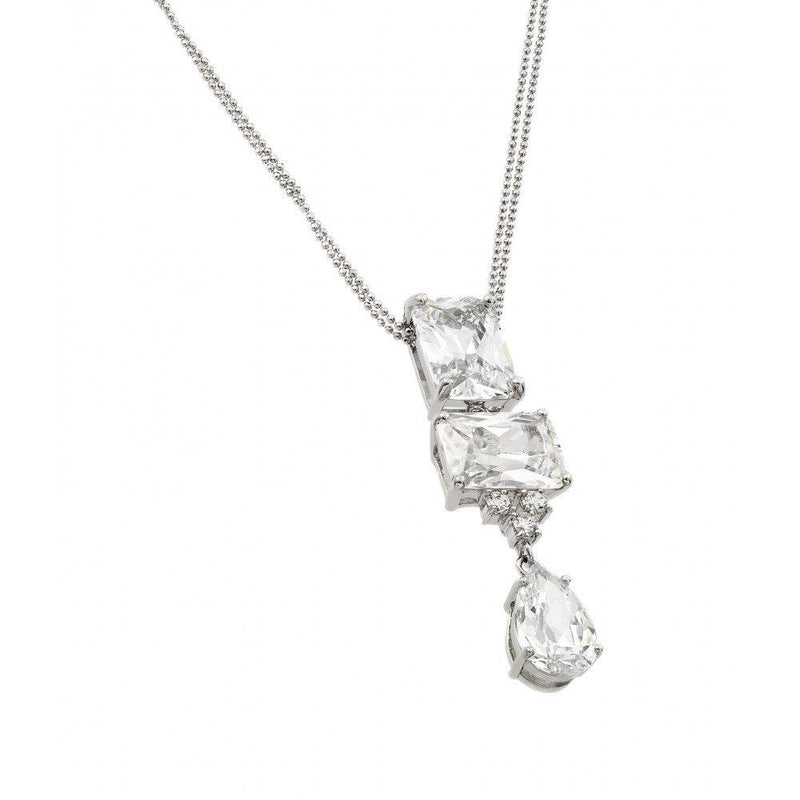 Silver 925 Rhodium Plated Clear CZ Rectangular and Drop Shape Pendant Necklace - BGP00924 | Silver Palace Inc.