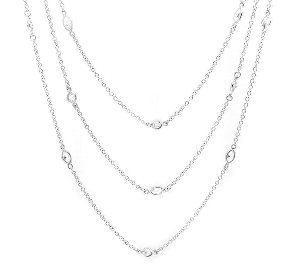 Silver 925 Rhodium Plated Round and Marquise Clear CZ 3 Row Necklace - BGP00929 | Silver Palace Inc.