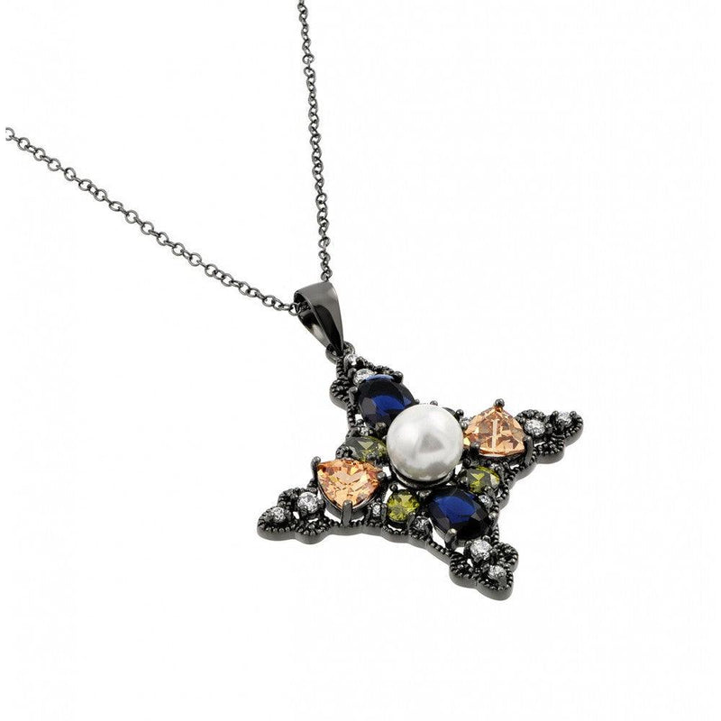 Silver 925 Black Rhodium Plated Multi-Color CZ Stones and Pearl Pendant Necklace - BGP00930 | Silver Palace Inc.