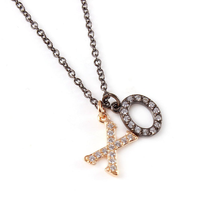 Silver 925 Black Rhodium and Rose Gold Plated Plated XO Hug Kiss Necklace with CZ - BGP00932 | Silver Palace Inc.