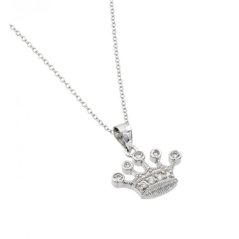 Silver 925 Rhodium Plated Clear CZ King's Crown Pendant Necklace - BGP00935 | Silver Palace Inc.