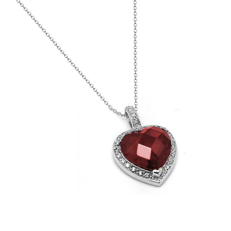 Silver 925 Rhodium Plated Clear and Red CZ Heart Pendant Necklace - BGP00936GAR | Silver Palace Inc.
