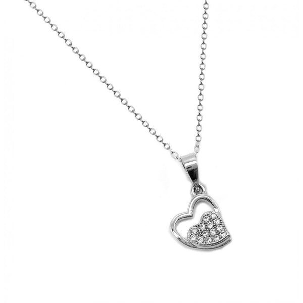 Silver 925 Rhodium Plated Clear CZ Outer and Inner Paved Heart Pendant Necklace - BGP00941 | Silver Palace Inc.