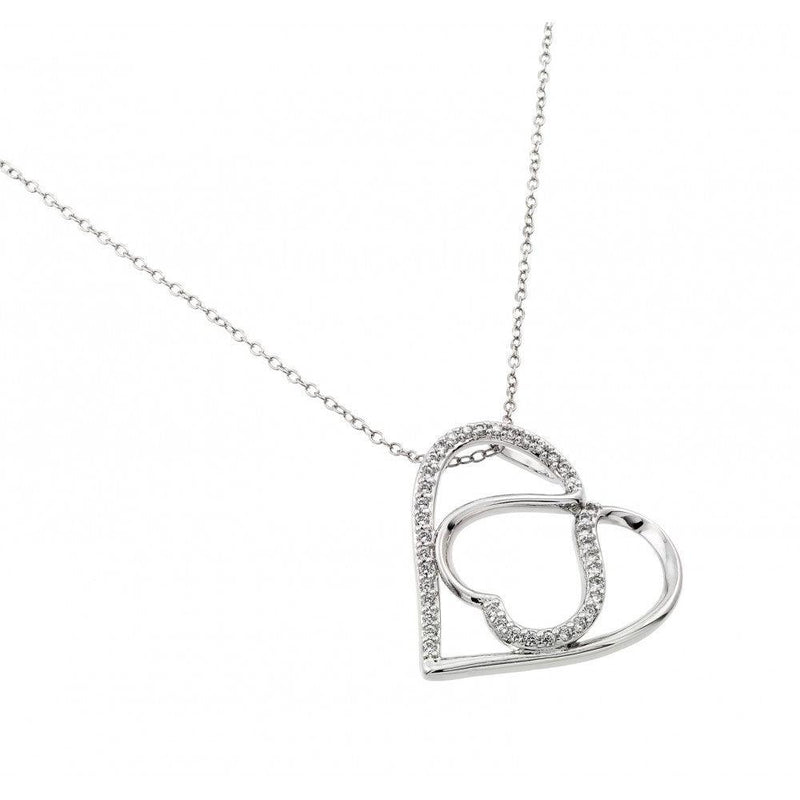 Silver 925 Rhodium Plated Clear CZ Outer and Inner Heart Pendant Necklace - BGP00942 | Silver Palace Inc.