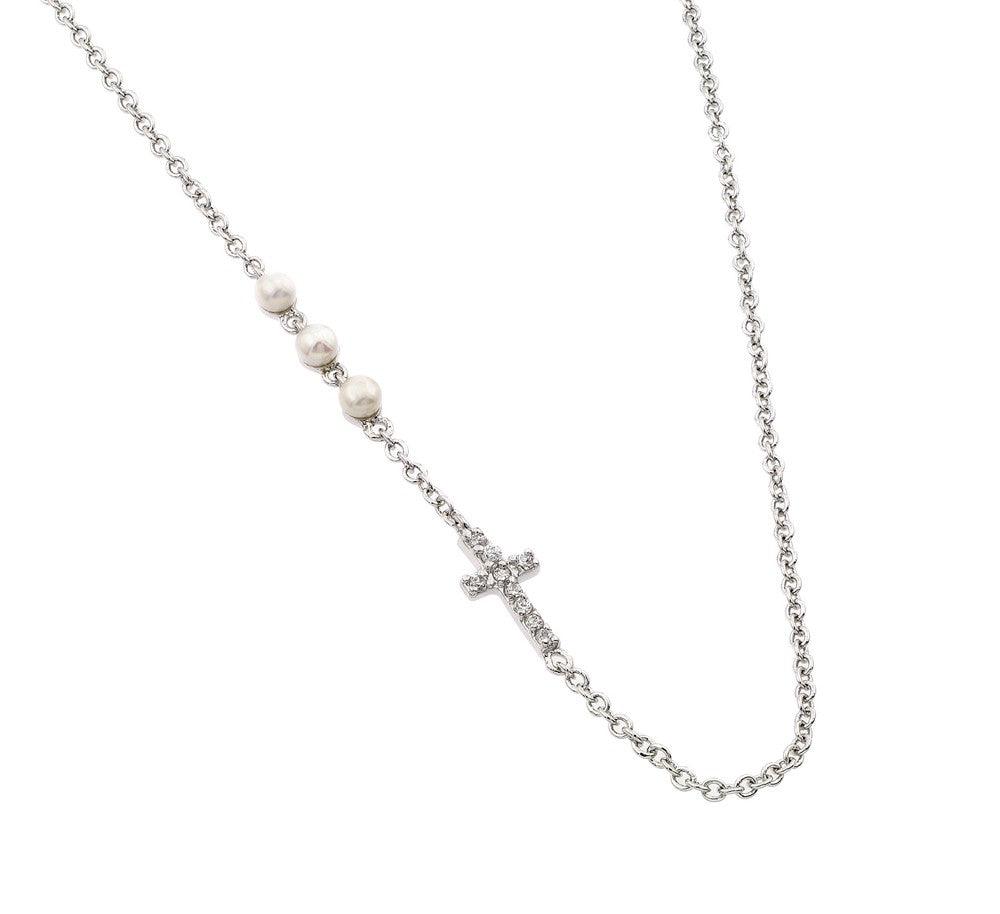 Silver 925 Rhodium Plated Clear CZ 3 Pearl 1 Cross Pendant Necklace - BGP00949 | Silver Palace Inc.