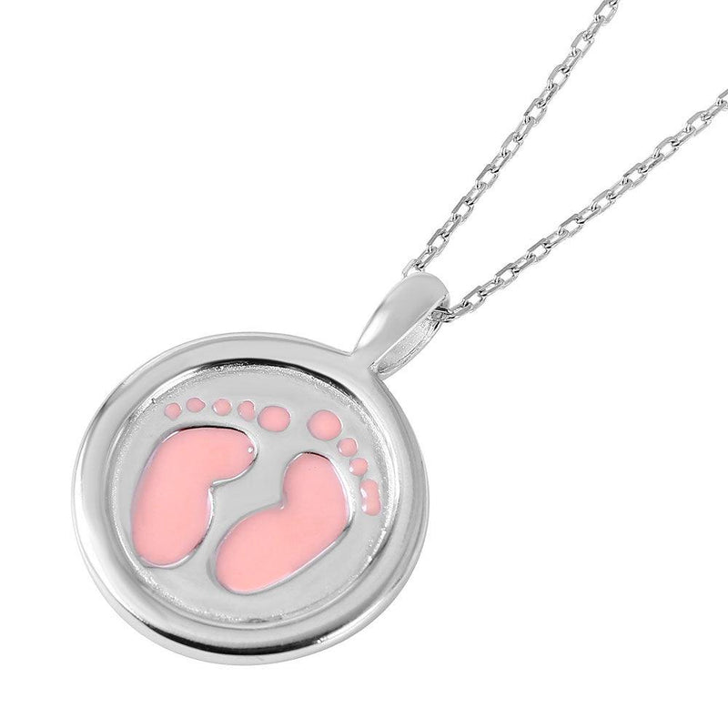 Silver 925 Rhodium Plated Disc Pink Enamel Foot Print Designed Necklace - BGP00952PNK | Silver Palace Inc.