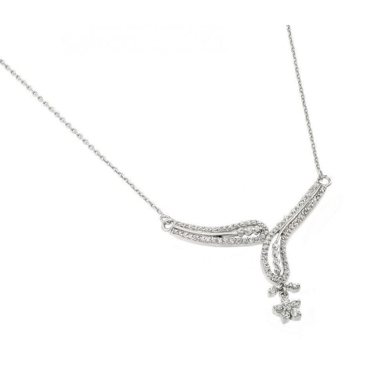 Silver 925 Rhodium Plated Clear CZ Leaf and Flower Pendant Necklace - BGP00955 | Silver Palace Inc.