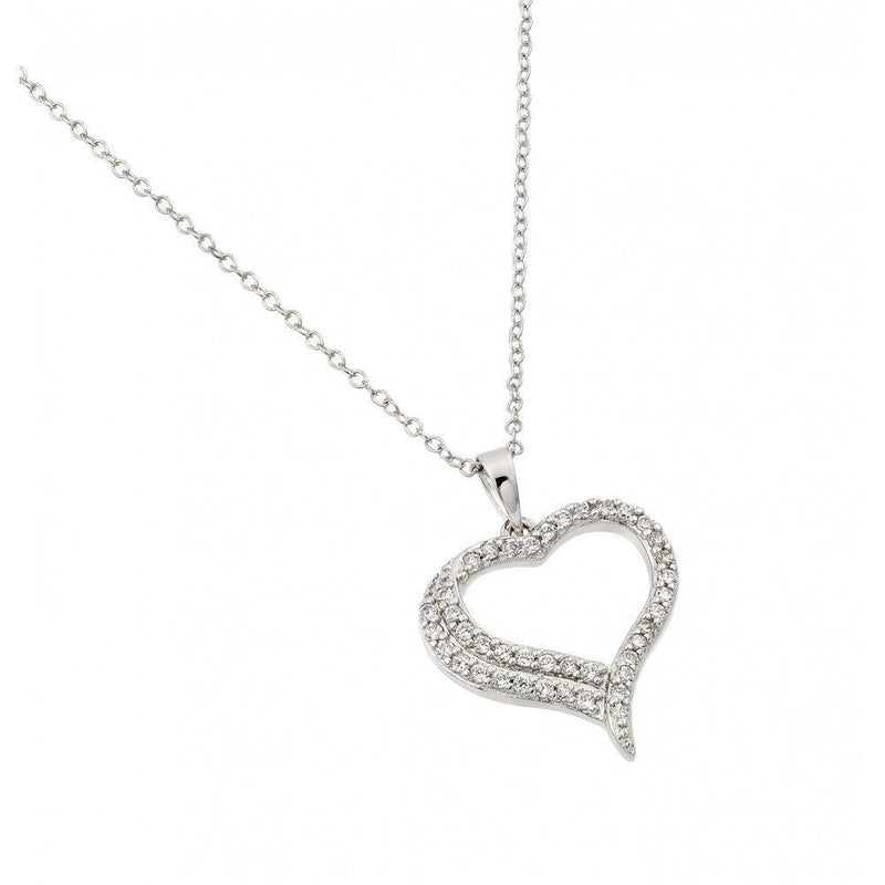 Silver 925 Rhodium Plated Clear CZ Open Heart Pendant Necklace - BGP00960 | Silver Palace Inc.