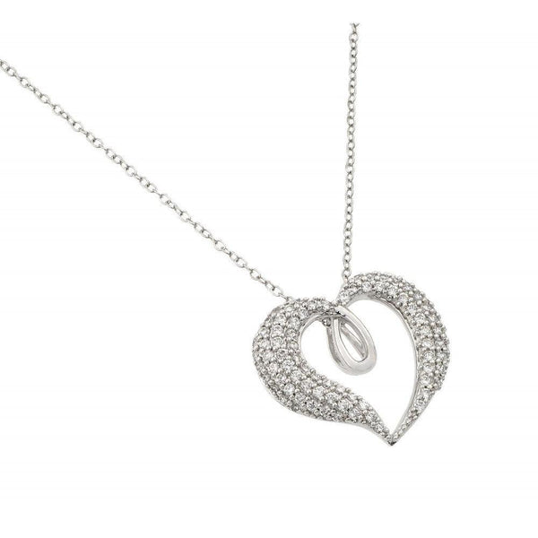 Silver 925 Rhodium Plated Clear CZ Thick Heart Pendant Necklace - BGP00961 | Silver Palace Inc.