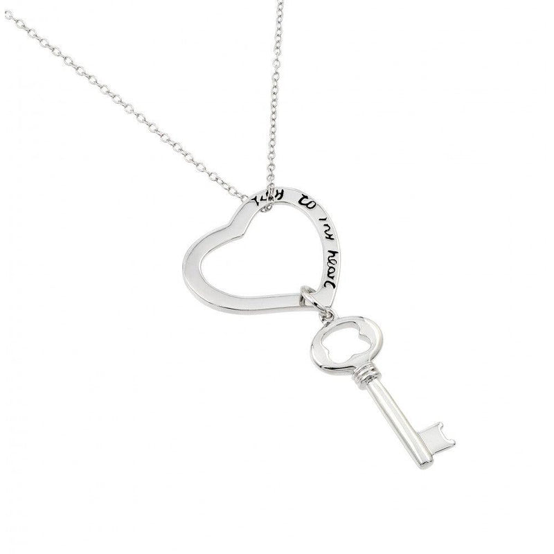 Silver 925 Rhodium Plated Clear CZ Key Heart Pendant Necklace - BGP00962 | Silver Palace Inc.