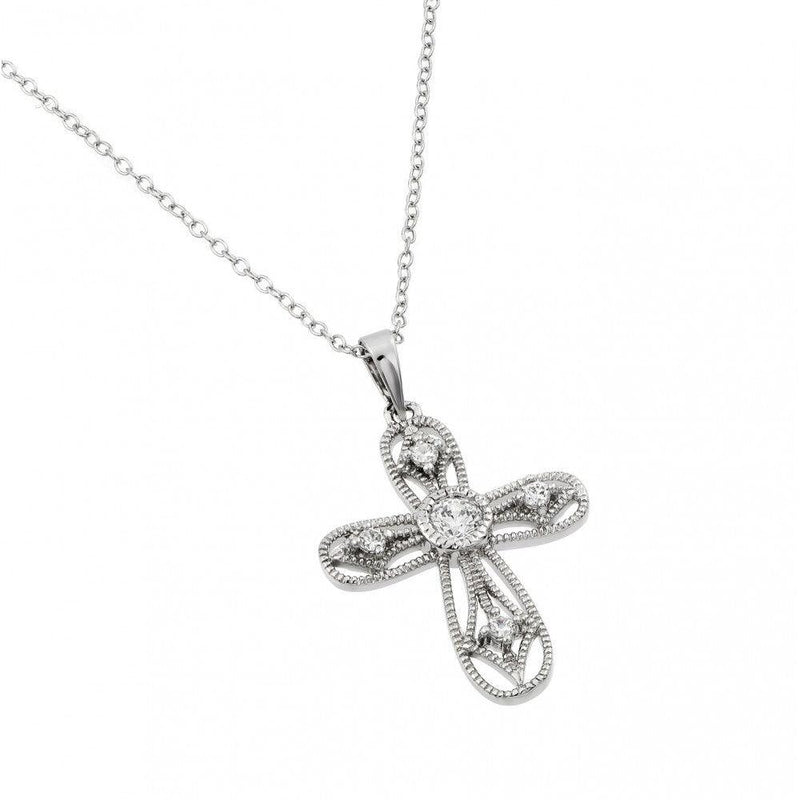 Silver 925 Rhodium Plated Clear CZ Round Cross Pendant Necklace - BGP00965 | Silver Palace Inc.
