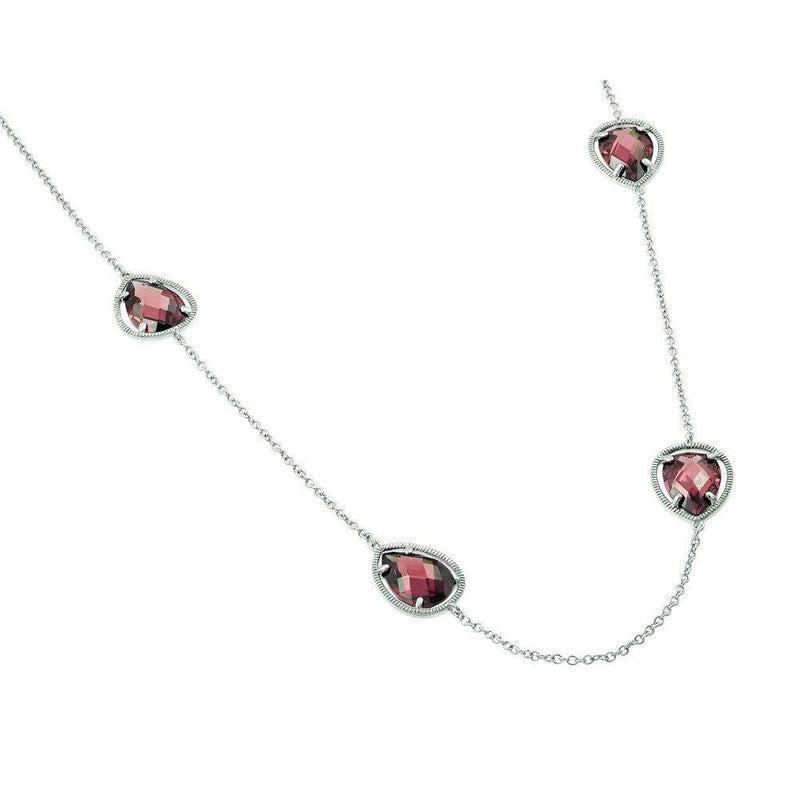 Silver 925 Rhodium Plated Clear CZ Red Pearl Shape Pendant Necklace - BGP00970RED | Silver Palace Inc.