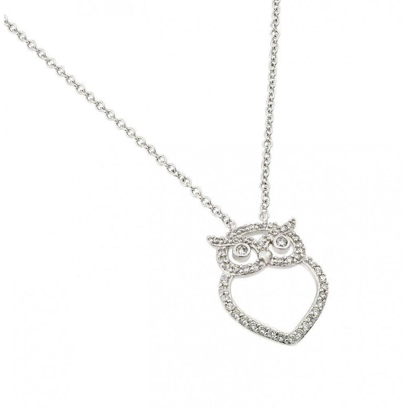 Silver 925 Rhodium Plated Clear CZ Owl Pendant Necklace - BGP00971 | Silver Palace Inc.