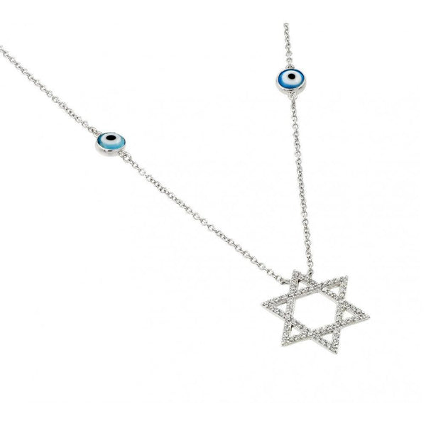 Silver 925 Rhodium Plated Round Evil Eye and Star of David Necklace - BGP00979 | Silver Palace Inc.