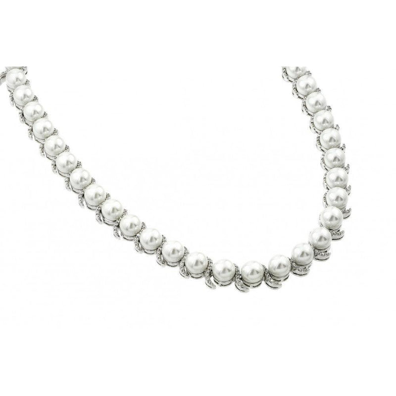 Silver 925 Rhodium Plated CZ Pearl Necklace - BGP00981 | Silver Palace Inc.