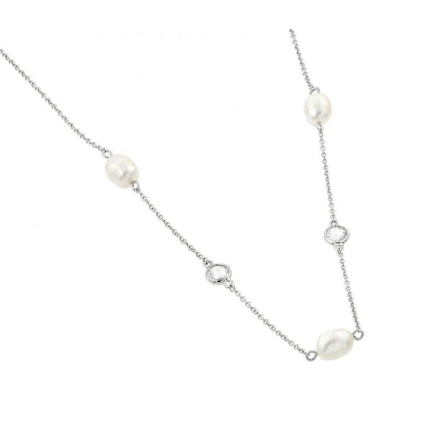 Silver 925 Rhodium Plated Clear CZ Fresh-water Pearl Pendant Necklace - BGP00982 | Silver Palace Inc.