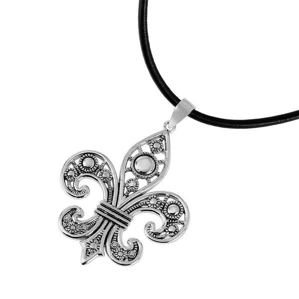 Silver 925 Rhodium Plated Feur De Lis Pendant with Leather Cord - BGP00991 | Silver Palace Inc.