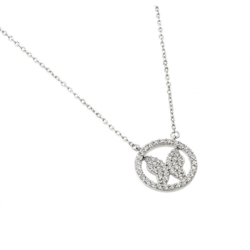 Silver 925 Rhodium Plated Butterfly Circle Necklace - BGP00998 | Silver Palace Inc.