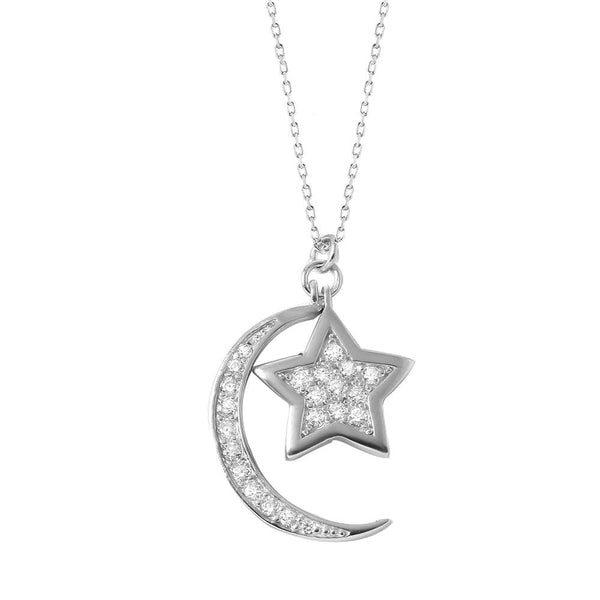 Silver 925 Rhodium Plated Moon Star Necklace - BGP01005 | Silver Palace Inc.