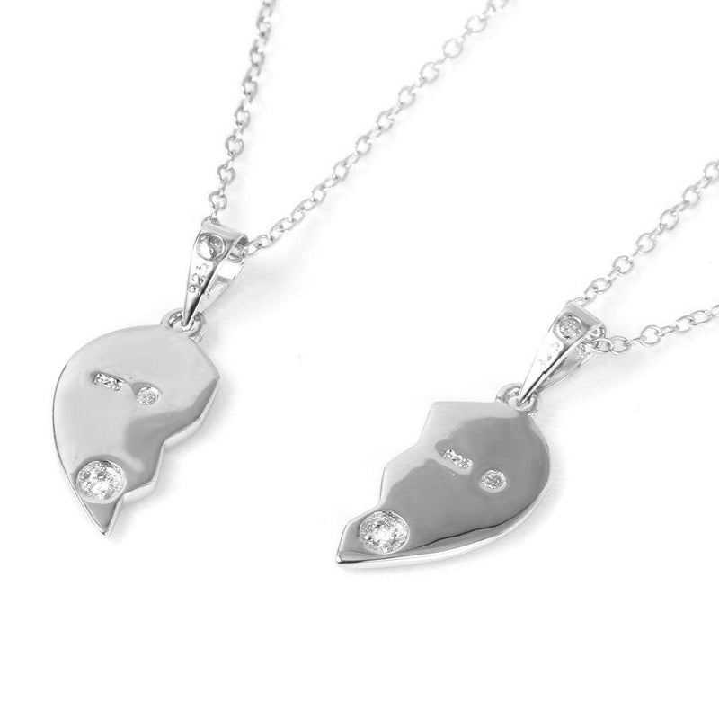 Silver 925 Double Broken Hearts with Small CZ Stud Accents Pendant Necklace - BGP01017 | Silver Palace Inc.