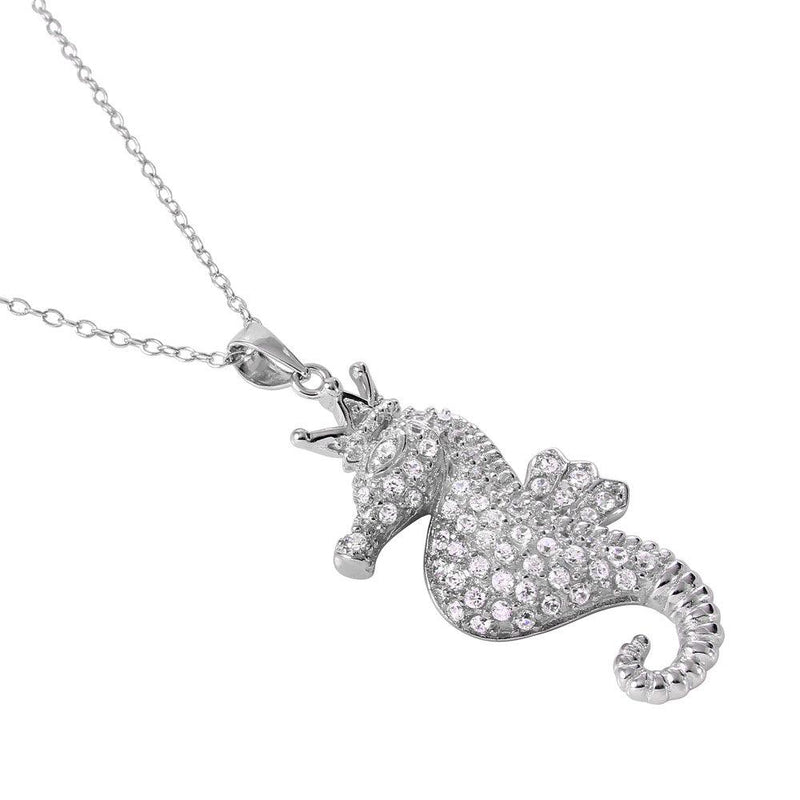 Silver 925 Rhodium Plated Clear CZ Seahorse Pendant Necklace - BGP01025 | Silver Palace Inc.