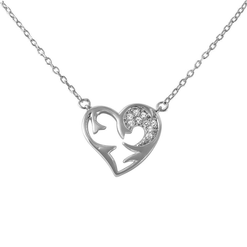 Silver 925 Rhodium Plated Chain and CZ Open Heart Pendant with CZ - BGP01027 | Silver Palace Inc.