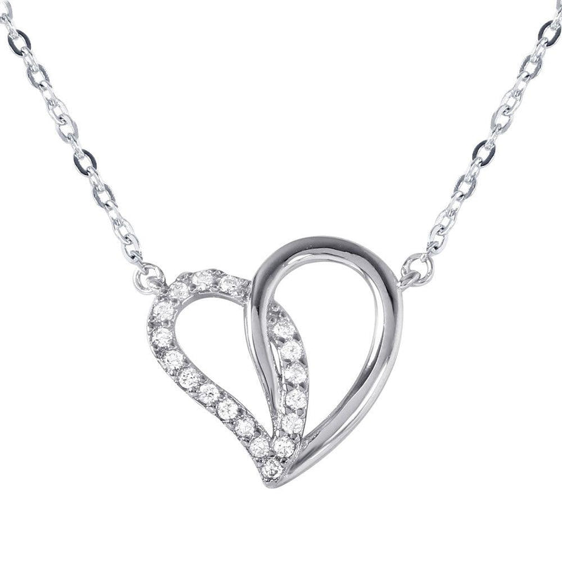 Silver 925 Dual Open Heart Pendant with CZ Accents Necklace - BGP01028 | Silver Palace Inc.