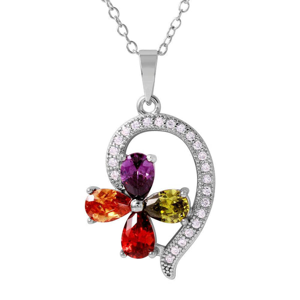 Silver 925 Rhodium Plated Multi-Color CZ Flower Shaped Pendant - BGP01031 | Silver Palace Inc.