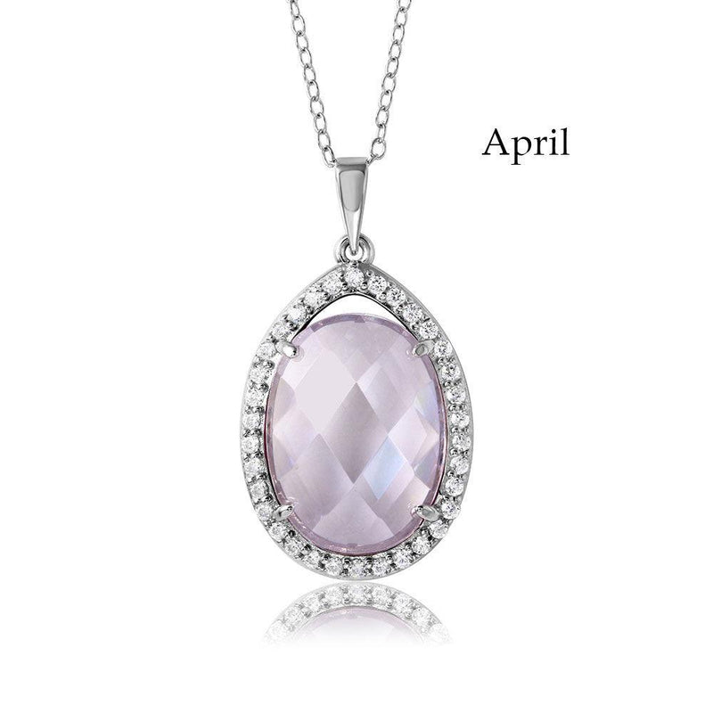 Rhodium Plated 925 Sterling Silver Oval CZ April Birthstone Necklace - BGP01034APR | Silver Palace Inc.