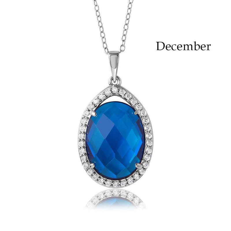 Rhodium Plated 925 Sterling Silver Oval CZ December Birthstone Necklace - BGP01034DEC | Silver Palace Inc.