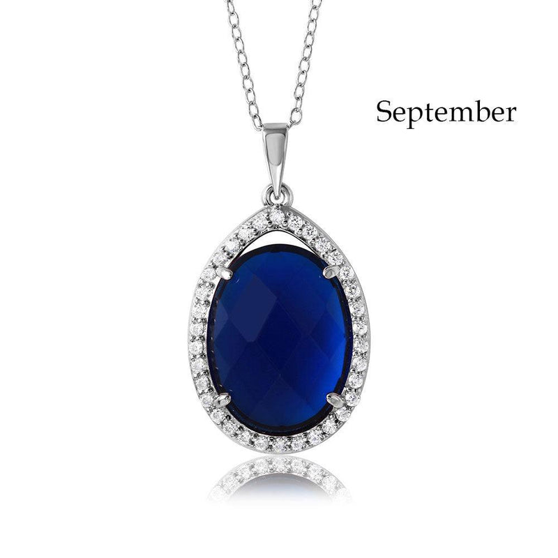 Rhodium Plated 925 Sterling Silver Oval CZ September Birthstone Necklace - BGP01034SEP | Silver Palace Inc.