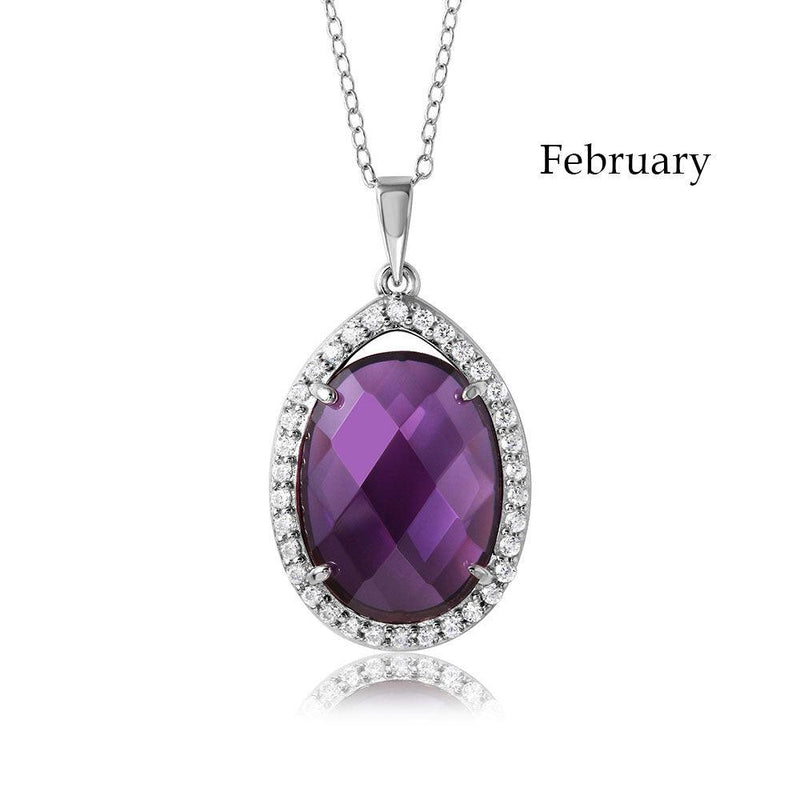 Rhodium Plated 925 Sterling Silver Oval CZ February Birthstone Necklace - BGP01034FEB | Silver Palace Inc.